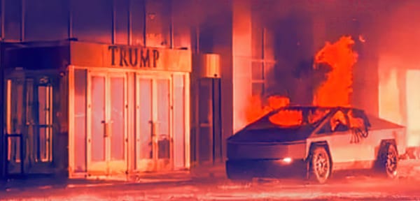 a filtered image of the cybertruck bomb on fire outside Trump towers, credit to @renegadecut on bsky for the filter