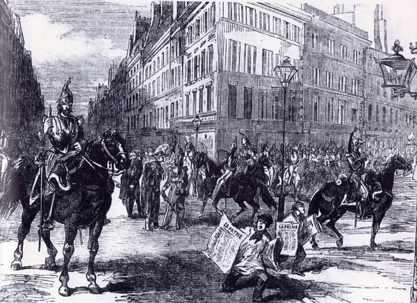 A black and white pencil illustration of the French cavalry on the streets during Napoleon III's 1851 coup 